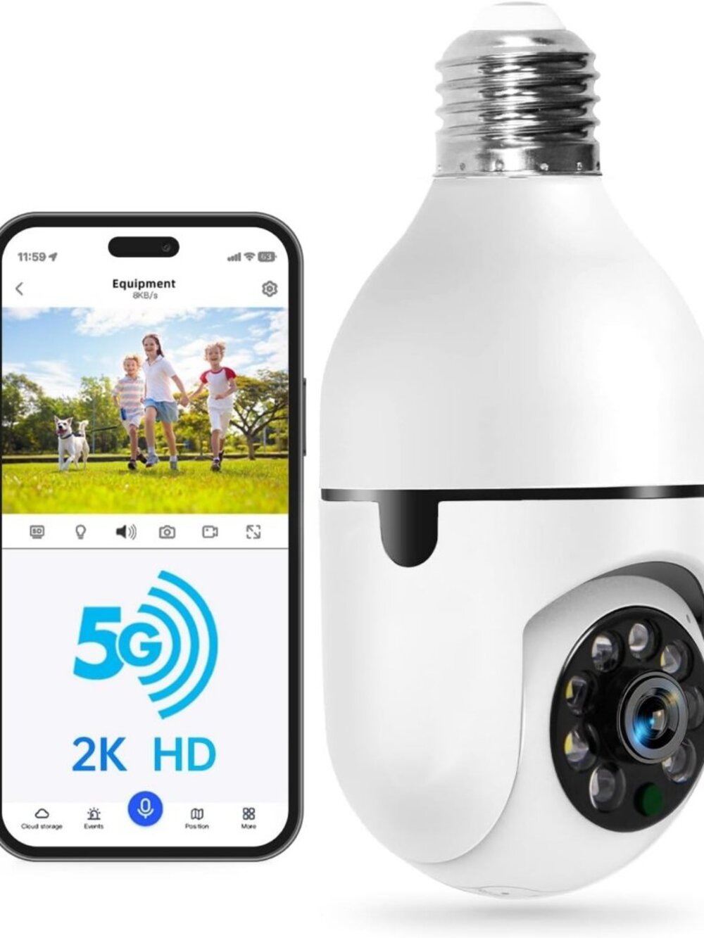Wireless Light Bulb Security Camera - 2K HD, Motion Detection, Night Vision